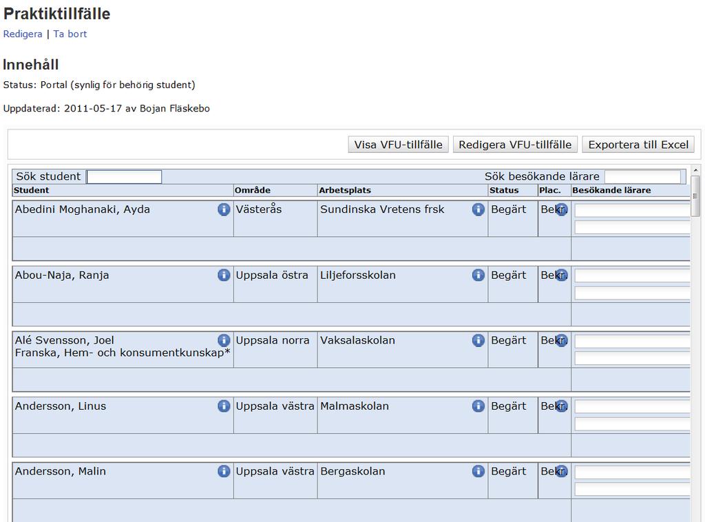 5. Översikt över studenter på vfu-tillfället När status för funktionen Praktiktillfälle ändras från "Utkast" till "Portal" tar det ett dygn innan studenterna förs över från kurstillfället till