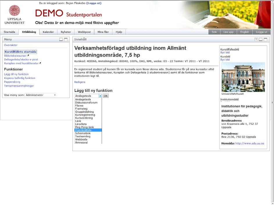 På kurstillfällets startsida kan man lägga till ny funktion genom att klicka på rullgardinsmenyn.
