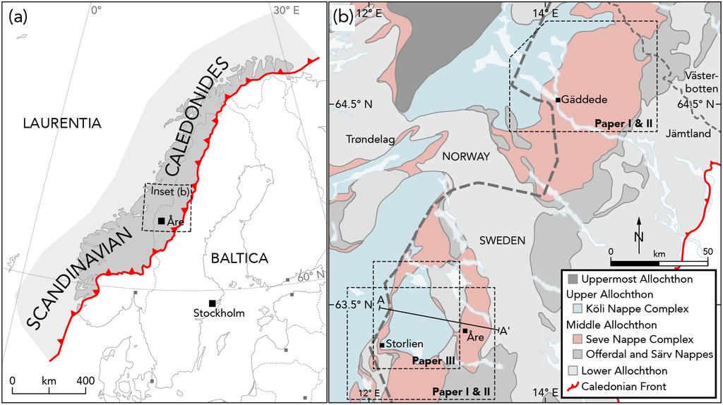 Figure 2. (a) Regional map of northern Europe showing the location of the Scandinavian Caledonides (shaded area). (b) Geological map of central Sweden and Norway. Bergman et al., 2012).