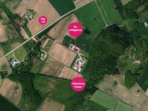 Figur 2. Den föreslagna anläggningens lokalisering (markerad som "Ny anläggning"). Den befintliga biogasanläggningen syns söder om den föreslagna anläggningen. Kartfigur från Sweco (2018a).