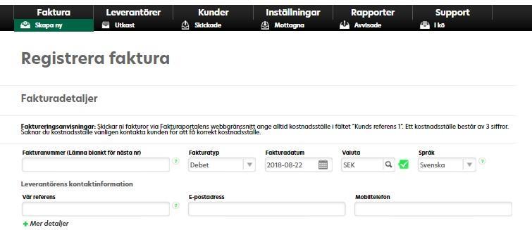 Steg 2 Fylla i fakturan För att kunna skapa en faktura till din mottagare klickar du på mottagaren du får upp när du genomför din sökning, då kommer du till denna sida: Fyll i de fält som du behöver