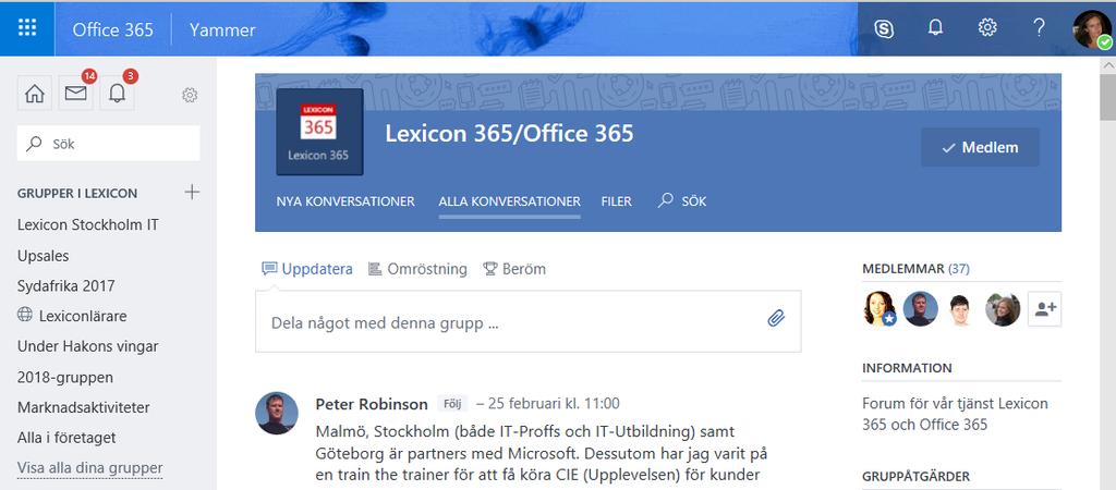 Denna lathund lär dig att använda Yammer i Office 365. Innehållet uppdateras löpande. I slutet av lathunden finner du praktiska övningar som hjälper dig att komma igång. Vad är Yammer?