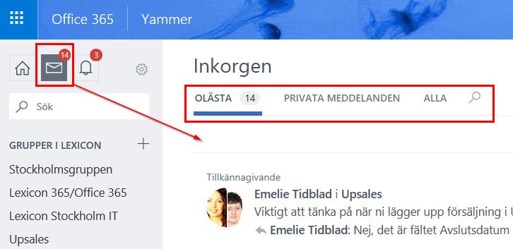 Inkorgen Inkorgen är inte att förväxlas med Outlooks inkorg. Det är istället en plats där du kan visa och hantera de konversationer du berörs av på Yammer.