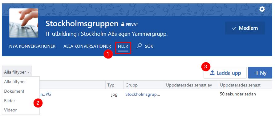 Filarkiv i Yammer För varje grupp i Yammer, finns ett filbibliotek, där du hittar samtliga filer som är uppladdade inom gruppen. 1. Markera aktuell grupp och klicka på vyn Filer (1). 2.