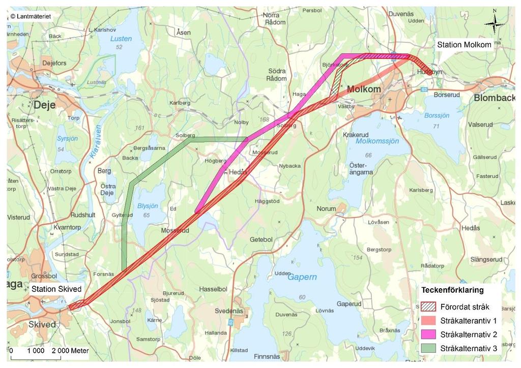 möjliga alternativa lokaliseringar och utformningar har genomförts. Tre stråkalternativ har översiktligt studerats, se karta i Figur 7.