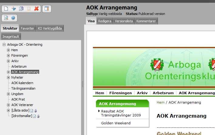 Lägga in Resultatsida från träningstävling När du skall lägga in en resultatsida så väljer först AOK Arrangemang. 1.