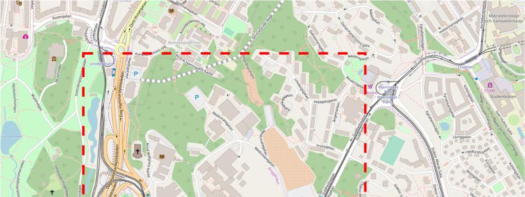 2. Förutsättningar 2.1 Utredningsområde I Figur 1 redovisas utredningsområdet. Per Dubbsgatan är en av tre väst-östliga förbindelser i staden.