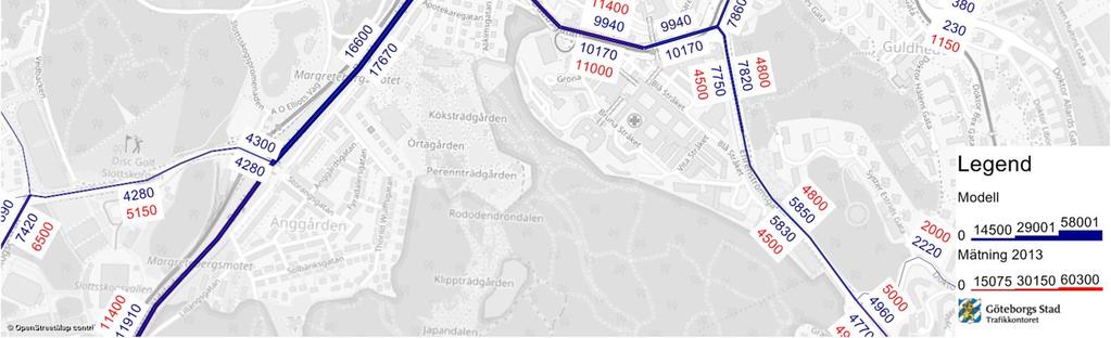 1 Dygn (övergripande modell) I den övergripande modellen underskattas flödena något på Per Dubbsgatan och Guldhedsgatan medan de överskattas något på