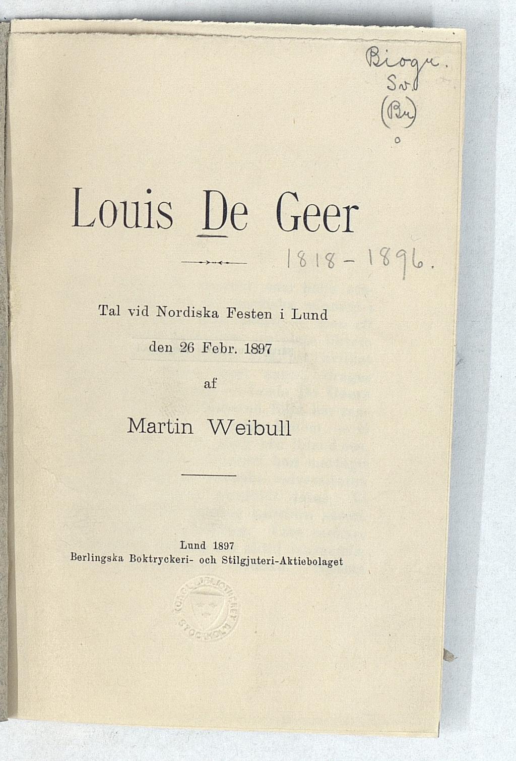 tf&ls<ra/<s S Louis De Geer Ui - U^jL, Tal vid Nordiska Festen i Lund den 26 Febr.