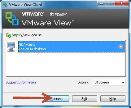 8 Du kommer nu till det fönster där du väljer att koppla upp dig mot den virtuella klienten. Klicka på Connect. Du loggas nu in på den virtuella datorn.