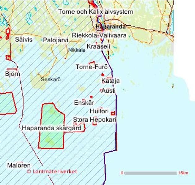 4.3.2.1 Öarna i Bottenviken, FI1300302 (SPA/SCI) Figur 4 7. Naturområden i närheten på svenska sidan. Källä: Naturvårdsverket.