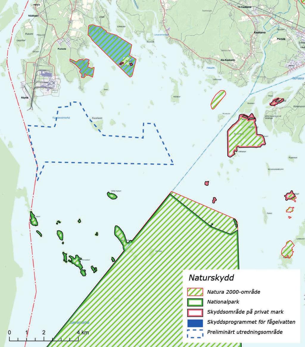 Figur 4 8. Naturaområden och andra områden som hör till naturskyddsprogram och strategier på kartan i Finland. (Källa: Miljö- och geoinformationstjänsten OIVA, urval 1.4.2009 Finlands miljöcentral Genimap Oy).