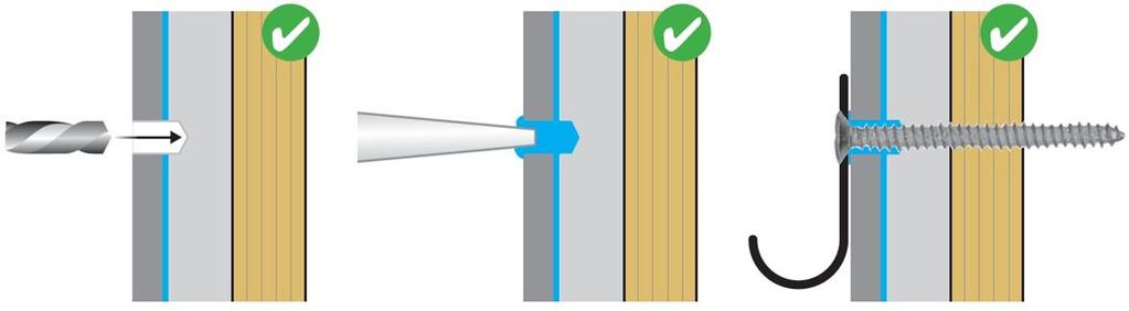 O: Husk på, at når men gennembryder en fugtspærre, skal nødvendig tætningsmasse anvendes. fhængig af vægmaterialet skal metoden til vægmontering tilpasses denne (evt. forboring, rawplugs el. lign.).