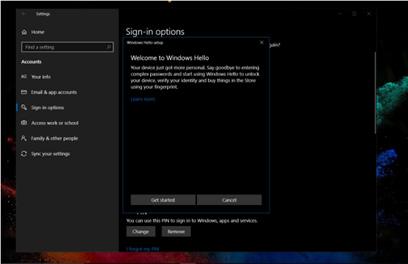 Nu ser du vilka alternativ som finns att installera under Windows Hello. Obs 1.