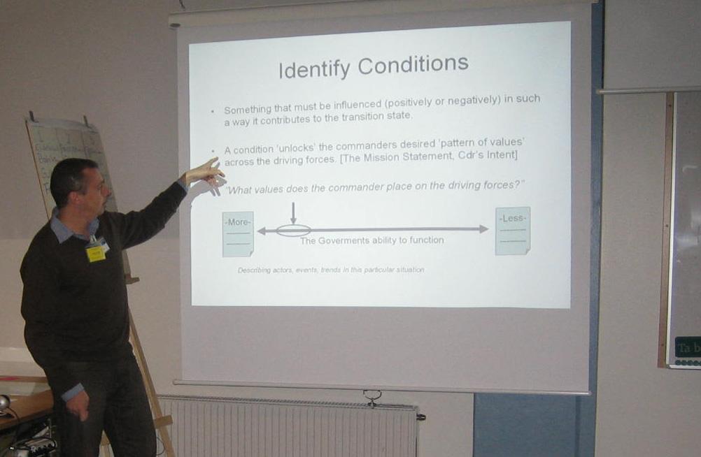 Figure 5: Identify conditions briefing. The eye of the storm group: The group decided to look at possible conditions from all the scenarios that were generated the previous day.