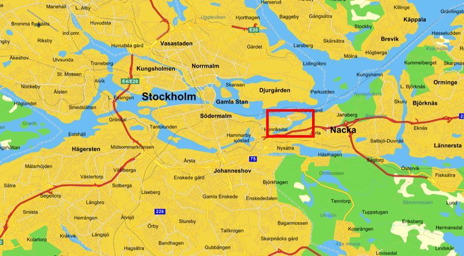 Figur 1: karta över Stockholmsområdet, notera studieområdet (Svindersviken) markerat med en röd ruta. Karta från Eniro.se. (https://kartor.eniro.se/?c=59.315148,18.