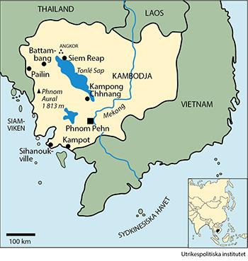 Yta 181 035 km2 (2017) Tid svensk + 6 timmar Angränsande land/länder Vietnam, Laos, Thailand Huvudstad med antal invånare Phnom Penh 1 700 000 (uppskattning 2013) Övriga större städer Sihanoukville