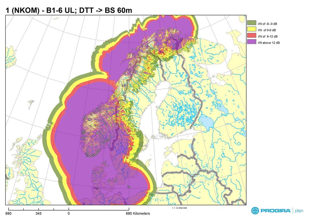 Översikt störningar i LTE700 upplänk Total störning för block 1-6 i upplänken, dvs terminal basstation Maximal störning till vänster och aktuell störning