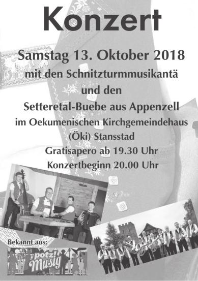 Stansstad Veranstaltungen MüZe Mütterzentrum Sunneschyn Kinderhort Dienstag, 16. und 23. Oktober 2018 08.45 12.00 Uhr Freitag, 19. und 26. Oktober 2018 08.45 12.00 Uhr Infos: Helena Selitaj Telefon 076 738 56 20 Mütter-Väterberatung Donnerstag, 18.