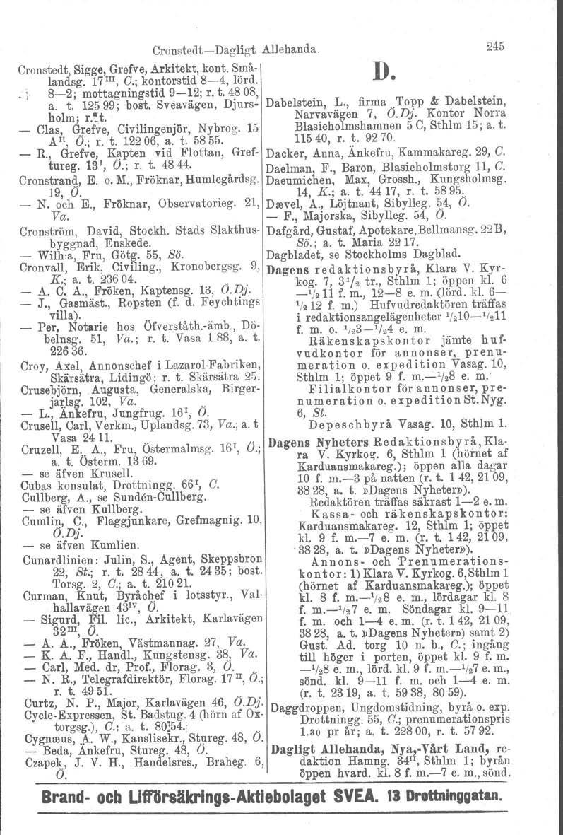 Cronstedt Dagligt Allehanda. 245 Cronstedt Sigge, Grefve, Arkitekt, kont. Små D landsg. 17 lii, c.; kontorstid 84, lörd.., 82; a. t. mottagningstid 912; r. t. 4808, 12599; bost.