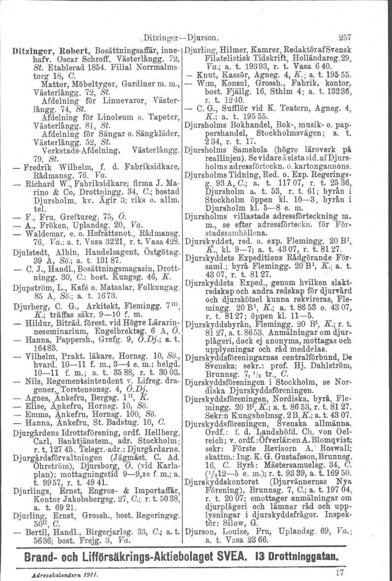 ,Ditzinger Dj urs on. 257 Ditzinger, Robert, Bosattningsaffär, inne Djurling, Hilmer, Kamrer, RedaktörafSvensk hafv. Oscar Schroff, Västerlångg. 72, Filatelistisk Tidskrift, Holländareg.29, St.