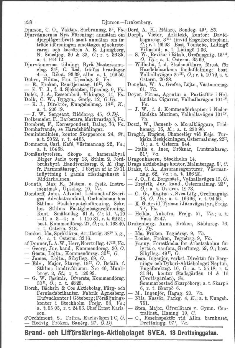 258 DjursonDrakenberg. Djurson, C. O., Vaktrn. Surbrunnsg. 5r, Va. Dore, A. H., Målare, Bondeg. 49 1, Sä.