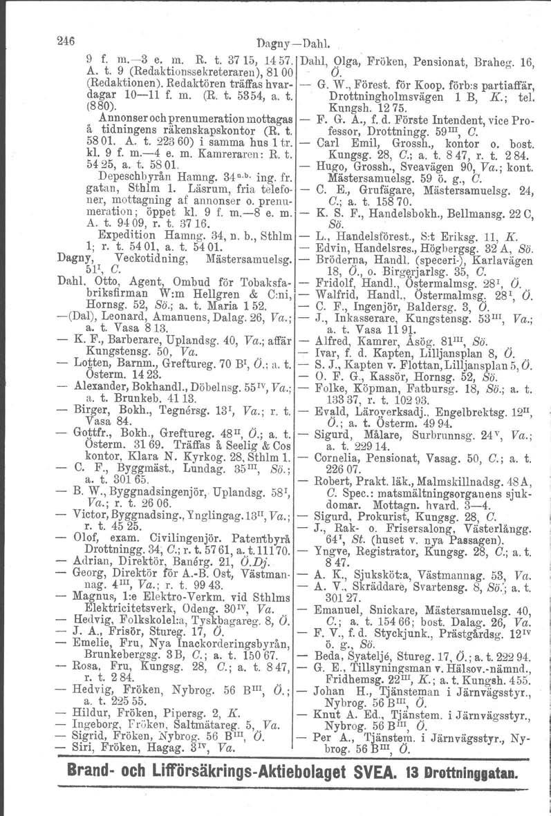 246 nagnydahl. 9 f. m. 3 e. m. R. t. 37 15, 1457. Dahl, Qlga, Fröken, Pensionat, Braheg. 16, A. t. 9 (Redaktionssekreteraren), 8100 O. (Redaktionen). Redaktören träffas hvar G. W., Förest. för Koop.