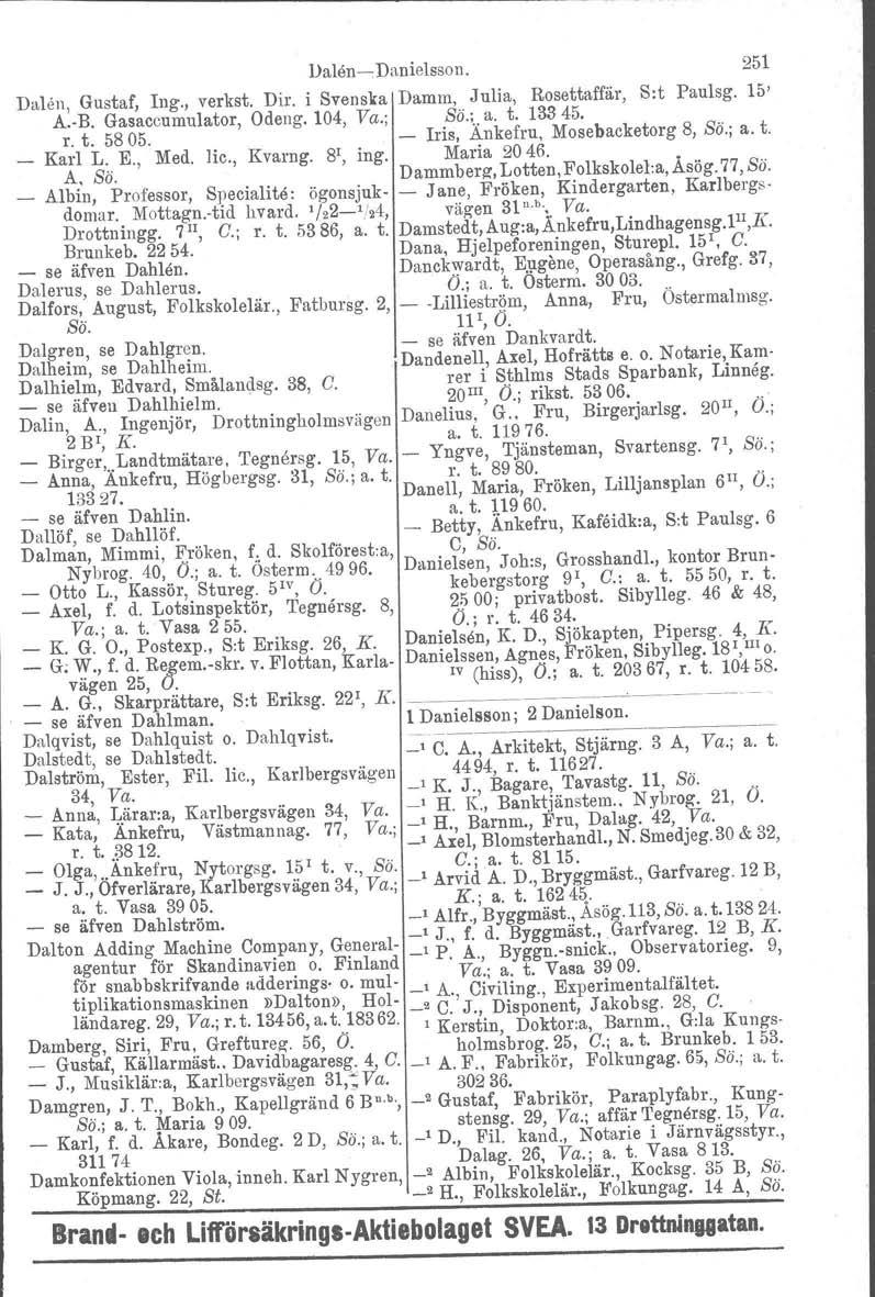 Dalen,Dan ielsso n. 251 Dalen, Gustaf, Ing., verkst. Dir. i Svenska Damm, Julia, Rosettaffär, S:t Paulsg. 15' A.B. Gasaccumulator, r. t. 5805. Odeng. 104, Va.; So.: a. t. 13345.