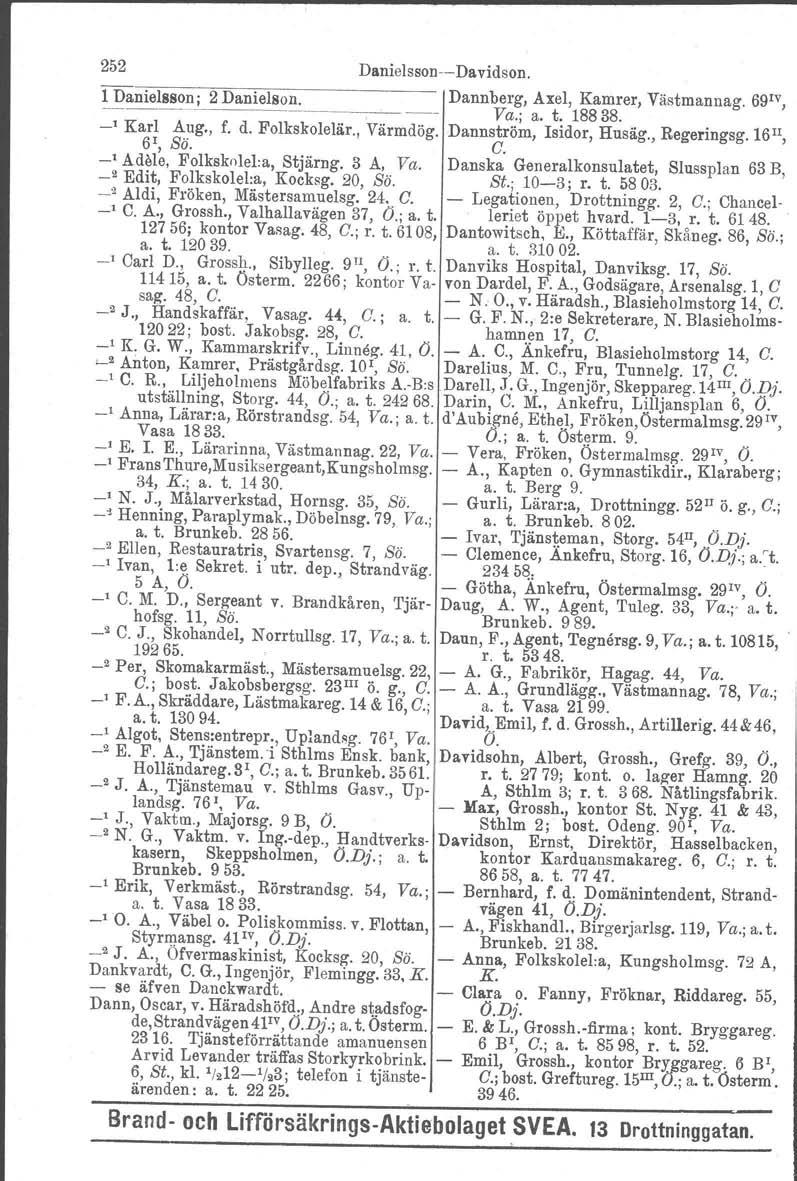 252 Danielssoni Davidson. 1 Danielsson; 2 Danielson. ~~ Dannberg, Axel, Kamrer, Va.; a. t. 18838. Västmannag. 691V, _, Karl Aug., f. d. Folkskolelär., 61, Bö. Värmdög. Dannström, G. Isidor, Husäg.