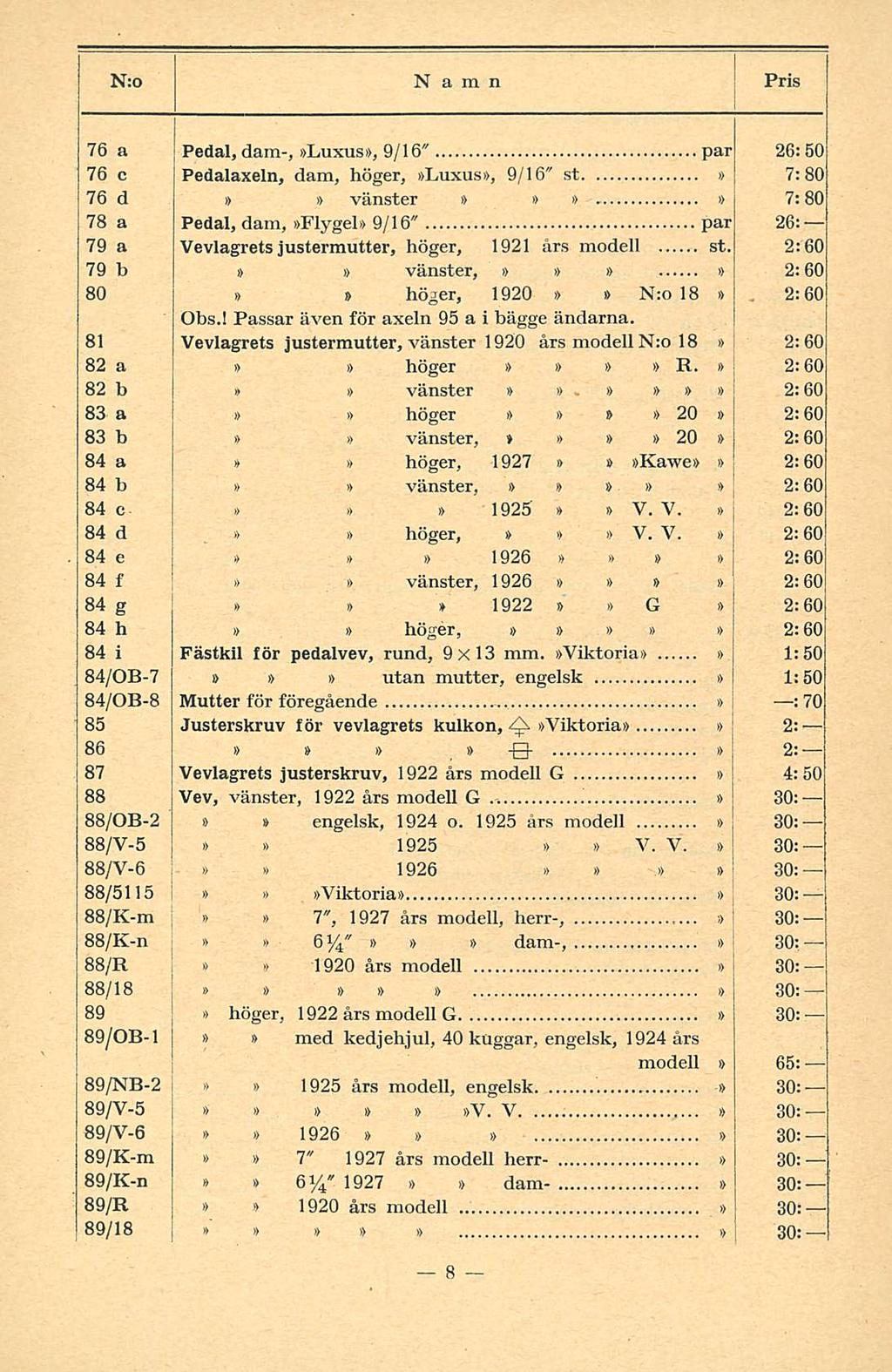 76 a Pedal, dam-, Luxus, 9/16" par 26:50 76 c Pedalaxeln, dam, höger, Luxus, 9/16" st 7:80 76 d vänster 7:80 78 a Pedal, dam, Flygel 9/16" par 26: 79 a Vevlagrets justermutter, höger, 1921 års modell