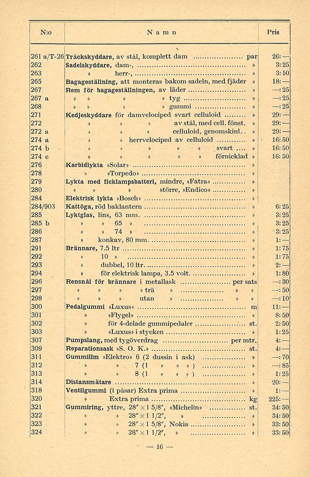 Pedalgummi 261 a/t-26 Träckskyddare, av stål, komplett dam par 26: 262 Sadelskyddare, dam-, 3:25 263 herr-, 3:50 265 Bagageställning, att monteras bakom sadeln, med fjäder 18: 267 Rem för