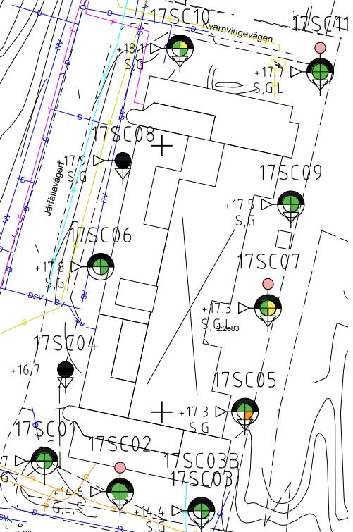 Jakobsberg 2:2583 Föroreningar i halter som överskrider de generella riktvärdena för KM har identifierats i tre provtagningspunkter 17SC05, 17SC07 och 17SC10 Figur 5.