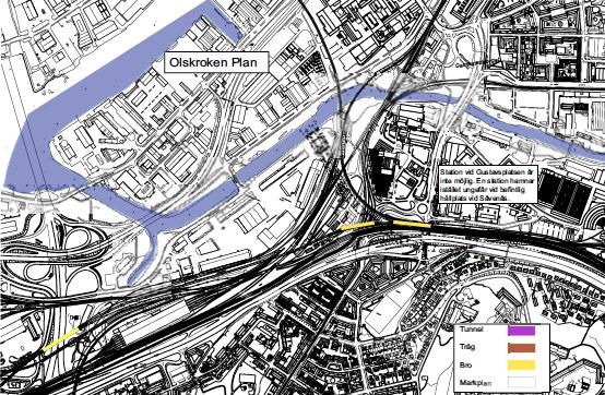 Av nedanstående karta kan konstateras att Olskroken planeras att passera Norge/Vänern banan i plan.