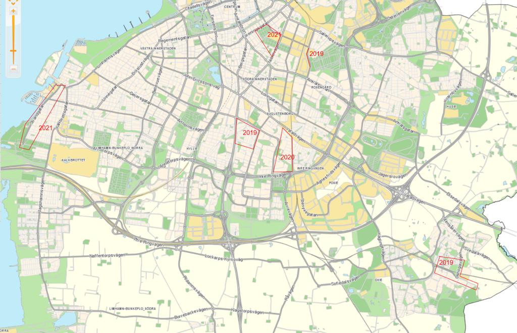 2.9 Karta 2.10 Omfattning 2019: Söderkulla Scheelegatan Oxie i anslutning till centrum 2020: Gullviksborg Kronborgsvägen.