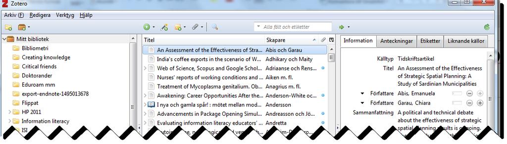 När du öppnar Zotero ser du tre kolumner. Till vänster finns ditt bibliotek och dina mappar.