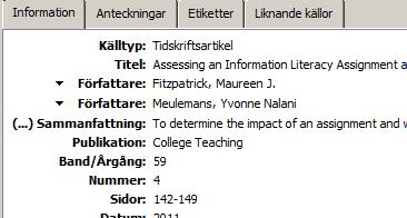 fält etc. Redigera referensen i högerkolumnen vid behov. Du kan också skriva in referenser manuellt.