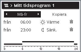 Tryck på menyratten för att öppna menyn Värme/kyla. Vrid menyratten för att markera Tidsprogram. Tryck på menyratten för att öppna menyn Tidsprogram.