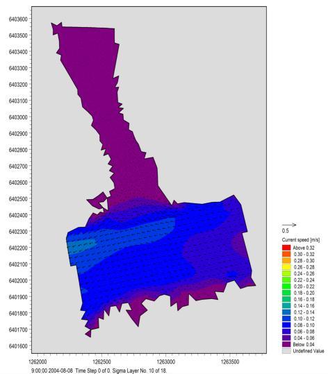 vind SW 10m/s på ytan, i 1m, 2m och