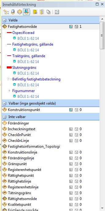 Visa enligt urval: Styr i vilka lager objekt kan väljas. Visar hur många objekt som är valda och i vilka lager.