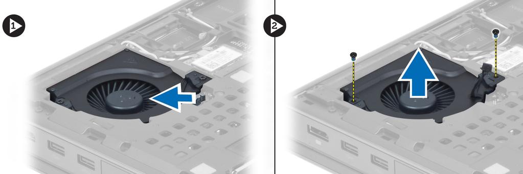 Dra åt skruvarna som håller fast processorfläkten i datorn. 4. Installera: a. kåpan b. batteriet 5. Följ anvisningarna i När du har arbetat inuti datorn.