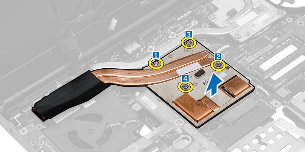 3. Utför följande steg för att ta bort bildskärmskortets kylfläns: a. Koppla bort LVDS-kabeln [1]. b. Ta bort skruvarna som håller fast LVDS-kabelfästet i datorn. [2] c.