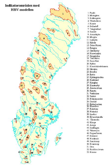 Figur 3. Indikatorområden vid hydrologiska varningstjänsten vid SMHI, för vilka hydrologiska ensembleprognoser utfärdas dagligen sedan sommaren 4. på c:a 18 månaders data.