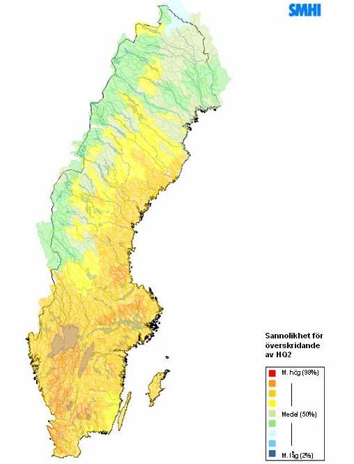 Figur 51. Hypotetiskt exempel på Sverige-karta med färgkod för sannolikheten att flödet överskrider HQ2.