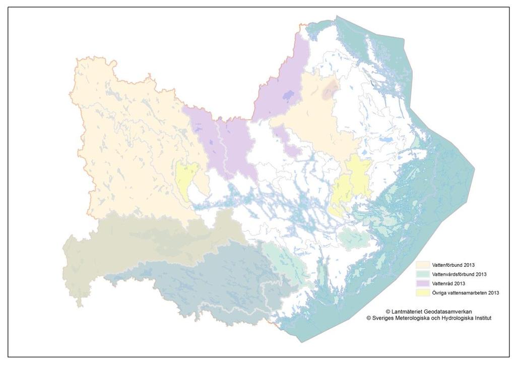 Om man summerar alla vattenorganisationers geografiska områden (Figur 7) ser man att stora delar av Norra Östersjöns vattendistrikt har någon typ av organisation som hanterar vattenfrågorna på lokal