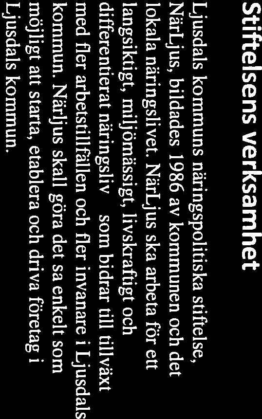 sm -.- -... Stiftelsens verksamhet Ljusdals kmmuns näringsplitiska stiftelse, NärLjus, bildades 1986 av kmmunen ch det lkala näringslivet.