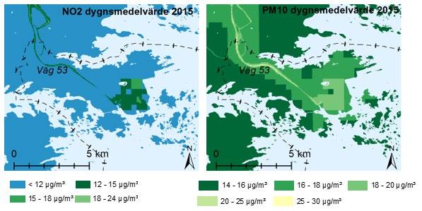 2019-03-01 s 55 (81) Figur 16. Beräknade halter (µg/m 3 ) av dygnsmedelvärde NO2 (vänster) och PM10 (höger) för Oxelösunds kommun år 2015 59.