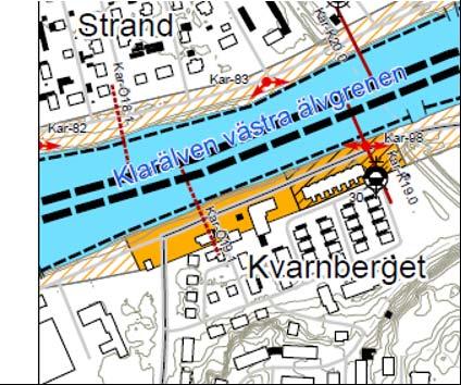 Figur 2 Del av karta från den översiktliga stabilitetskarteringen. Orange färg indikerar att rekommendation ges om utförande av en detaljerad stabilitetsutredning.