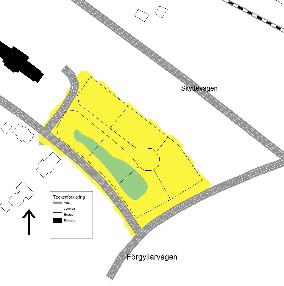 Figur 1. Ekvivalent ljudnivå från väg- och spårbundentrafik 2 m över mark. Järnvägen är den dominerande ljudkällan som bidrar till de högsta ljudnivåerna i planområdet. Detta p.g.a. att järnvägens närhet och att tågen passerar i hög hastighet.