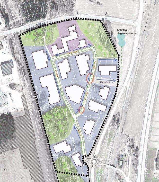 Principlösning för planområdet. Föreslagen översilningsyta vägens lågpunkt.