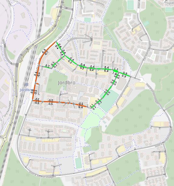 PM Trafikanalys, Jordbro 2017-08-08 13 (21) Trafikmängder vardagsdygn (1000-tal fordon per riktning) skillnad i alternativ A jämfört med 0-alternativ i utredningsområdet Det kan